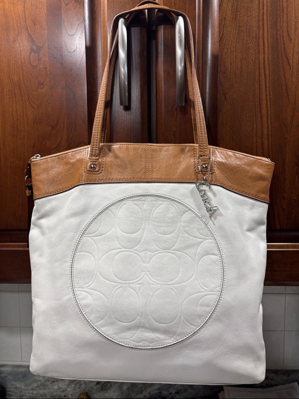 Coach White Leather Tote with Tan Trim and Logo Charm